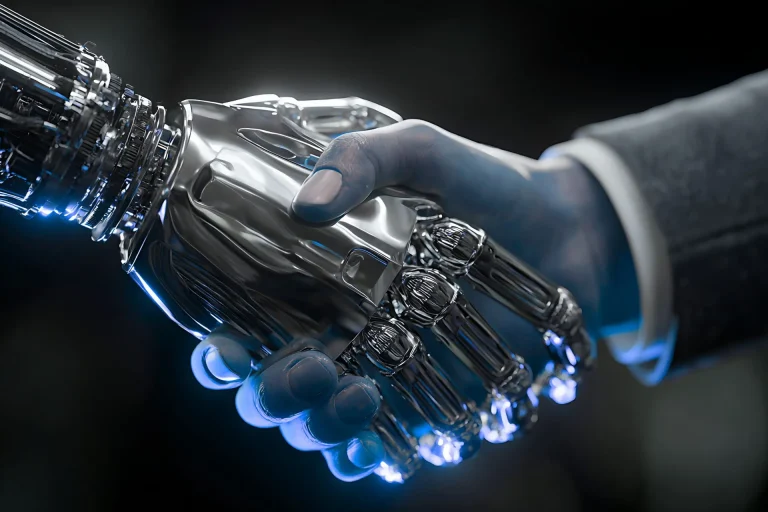 שיווק דיגיטלי מבוסס AI - לחיצת יד עסקית בין אדם ל-AI